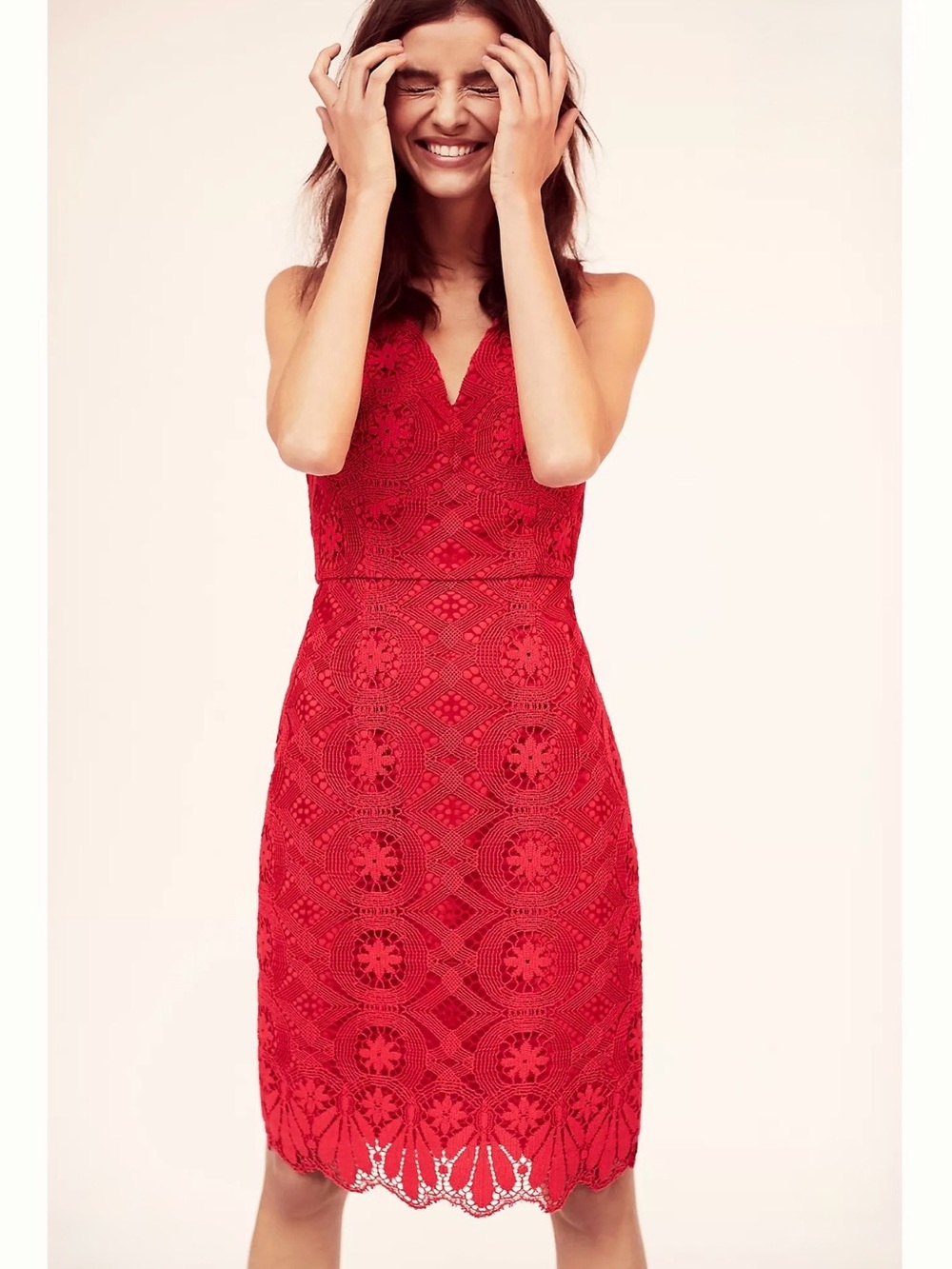 Maeve Camari Lace Column Red Crochet V Neck Midi Dress Party‎ Wedding Special